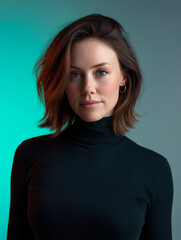 Woman In Black Turtleneck, Teal To Cyan Gradient Background, Subtle Shadows, Soft Diffusion Lighting, Professional Headshot