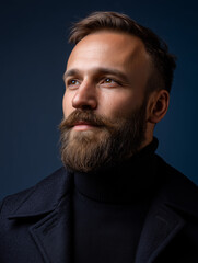 Handsome Man With Beard, Dark Navy Blue Background, Rim Light Around Shoulders, Cinematic Studio Lighting