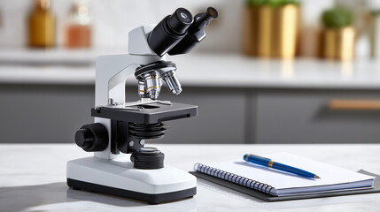Stand Alone Compound Microscope with Notebooks on White Countertop