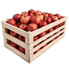 Bunch of Ripe red Apples placed in wooden crate isolated on transparent background