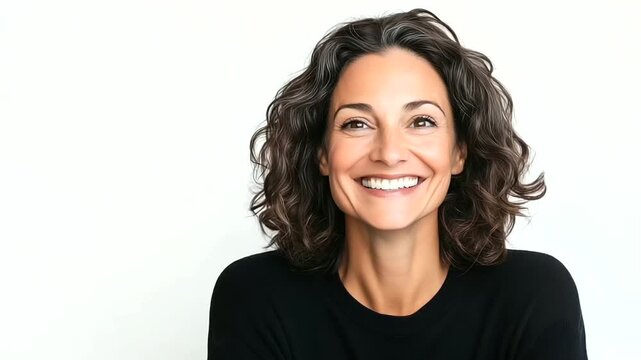 stunning woman with a glowing smile gazes into the camera, exuding warmth and positivity. The clean white background enhances her effortless beauty and cheerful vibe.stunning wom