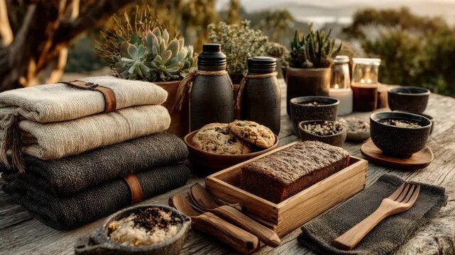 Rustic Outdoor Picnic Setting with Neutral Tones and Warm Lighting