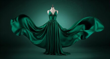 A flowing emerald green gown on a mannequin with a dark green background in a studio setting
