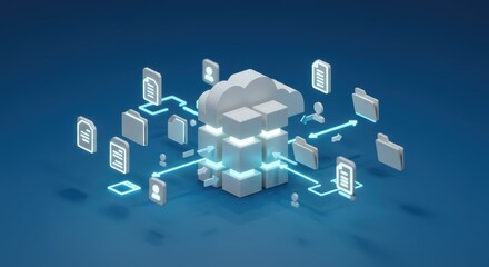 Futuristic isometric network of data servers connected by glowing blue light lines