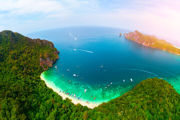 Panoramic aerial view rocks on coast of coral reef of Phi Phi Don Bay magical paradise islands...