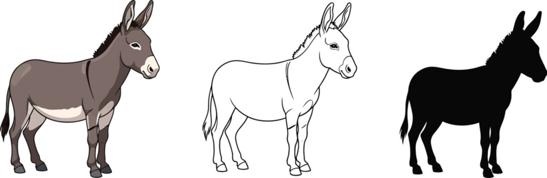 Three donkey illustrations in different styles vector art for graphic design projects use 91 editable