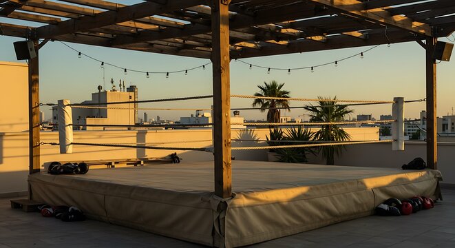 Outdoor Rooftop Boxing Ring with Wooden Corners and City View at Golden Hour