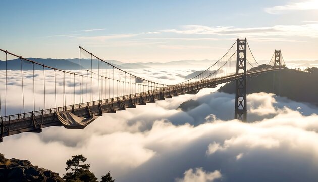 Suspension Bridge Above Clouds at Sunrise with Mountain Backdrop