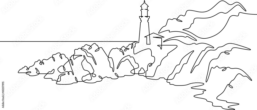 Poster continuous one line drawing lighthouse on a rocky cliff. lighthouse on the seashore.one continuous l