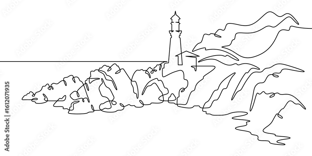 Poster continuous one line drawing lighthouse on a rocky cliff. lighthouse on the seashore.one continuous l