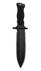 Black Tactical Bowie Knife with Serrated Combat Blade and Textured Grip Handle Designed for Survival and Military Utility Scenes
