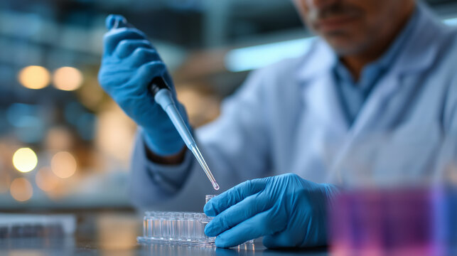 Dedicated molecular biologist pipetting in a busy genetics lab