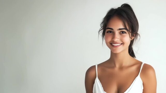 stunning young woman with a warm, radiant smile stands in front of a plain white background, her positive energy and effortless beauty making her the focus of this minimalist