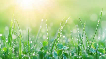 Obraz premium Fresh Morning Grass with Dew Drops Glimmering Under Sunrise Light