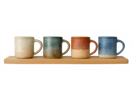Four handmade ceramic mugs standing on wooden shelf with transparent background