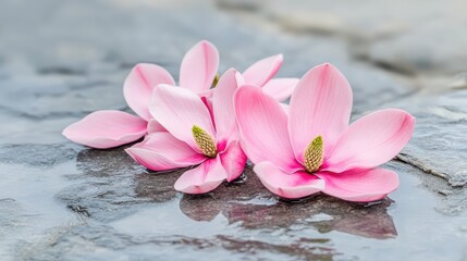 Fototapeta premium Magnificent Pink Flowers on a Smooth Stone Surface in Soft Light