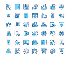 British pound icons. Vector line icon set. Modern outline design. Blue concept