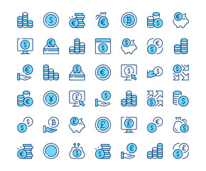 Coin icons. Vector line icon set. Modern outline design. Blue concept