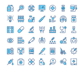 Medical tools icons. Vector line icon set. Modern outline design. Blue concept