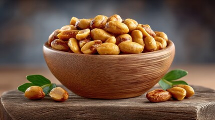 Bowl of roasted peanuts in shells on wooden surface