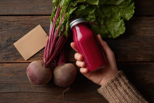 Fresh beetroot juice in female hand with organic beets on rustic wooden table