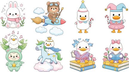 Cute animals illustration set with bunny bear duck and unicorn for kids design art vector