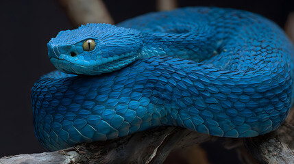 Fototapeta premium Blue Viper Coiled on Branch Close-up Still Image Wild Snake