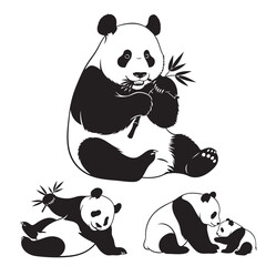 Set of 3 Giant Panda Silhouettes as an Asian Bear Icon Set