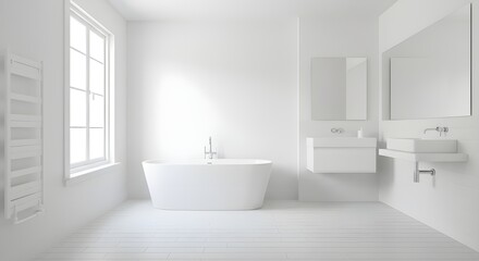 A white bathroom with a bathtub and sink isolated on white background.