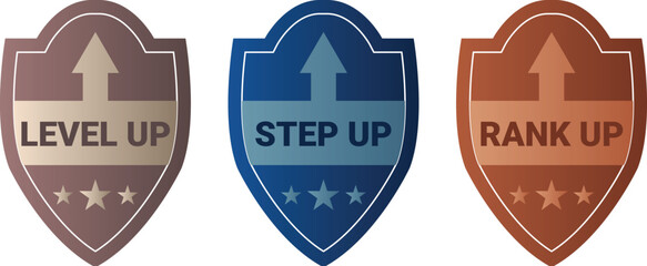 Level-Up Achievement Badge Set – “Level Up,” “Step Up,” & “Rank Up” Arrow Icons Vector.