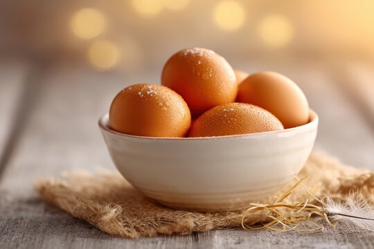 Farmfresh brown eggs in rustic bowl on wooden table