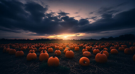 Obraz premium A field filled with pumpkins under a dramatic sky at sunset during the autumn season harvest time ai generated