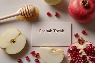 Rosh hashanah celebration items with honey, apples, pomegranates, and shanah tovah card