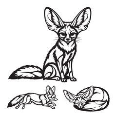 Set of 3 Fennec Fox Silhouettes as a Desert Canine Icon Set