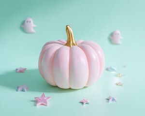 A large pink pumpkin with a golden stem, standing on a mint-green surface, with pastel-colored ghost figures and mini stars around it, Halloween.