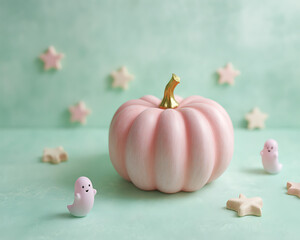 A large pink pumpkin with a golden stem, standing on a mint-green surface, with pastel-colored ghost figures and mini stars around it, Halloween.
