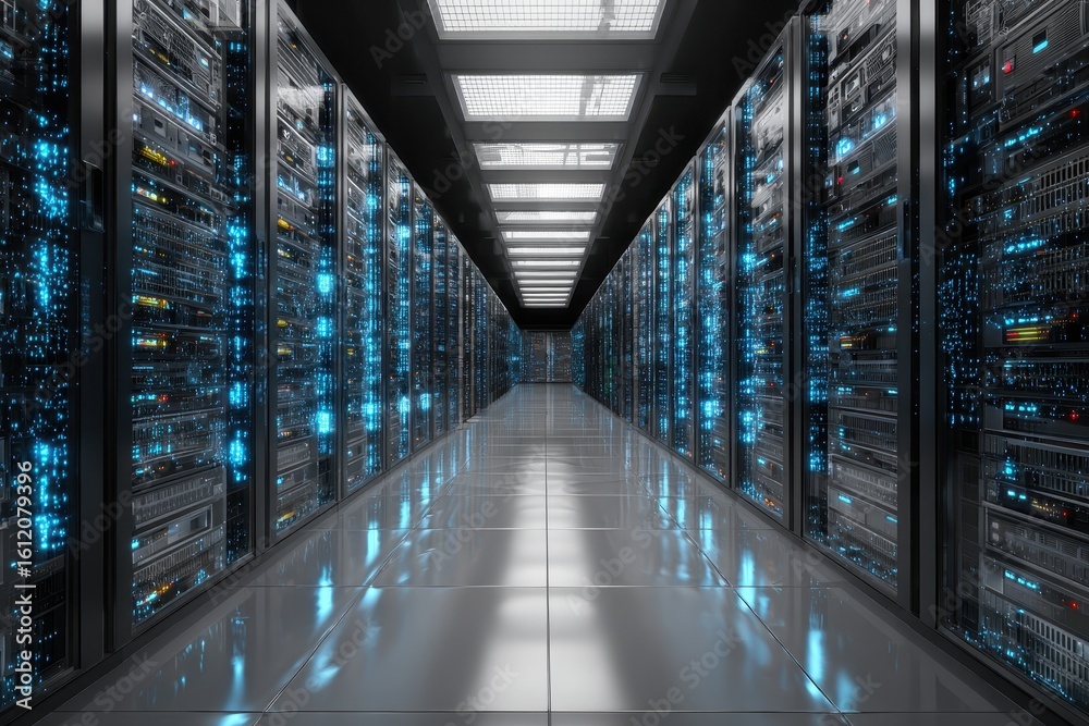 Poster high-tech data center server room with advanced it infrastructure showcasing rows of servers and vib