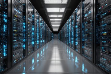 Fototapeta premium High-tech data center server room with advanced IT infrastructure showcasing rows of servers and vibrant lighting effects