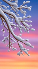 Fototapeta premium Snowcovered branch silhouette against dark background