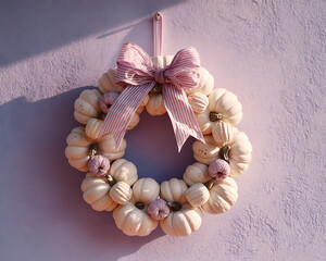 A pastel-colored Halloween wreath made of tiny cream pumpkins, pink ribbon, and candy-shaped ornaments hangs on a pale lilac wall with a delicate texture. Halloween