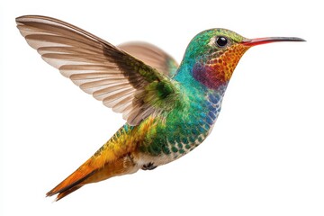 Obraz premium Hummingbird in vibrant colors isolated on a white background, showcasing intricate feather details and unique features