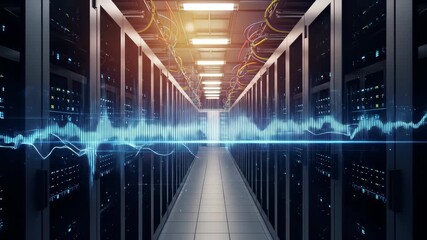 Data Center Server Room with Bright Blue Digital Wave - Powered by Adobe