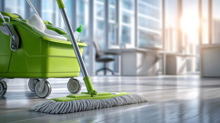 Mop and Cleaning Cart in Modern Office. Commercial Cleaning Service or Workplace Hygiene Concept.