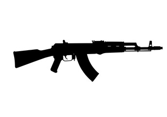 Fototapeta premium Silhouette of an ak rifle with a curved magazine on a white background in a horizontal position