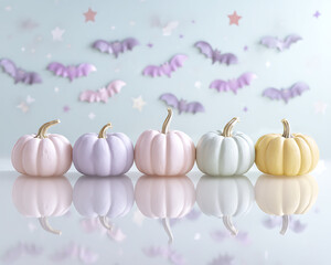A set of pink, lilac, mint and butter yellow pumpkins laid out in a row on a reflective white surface, with tiny bats and stars hovering above them in the form of paper cutouts. Halloween