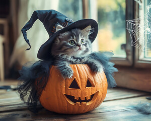 A fluffy grey kitten in a witch costume, a mini black hat and a tulle cape sits inside a carved pumpkin standing on a rustic wooden floor. Halloween. Autumn holiday. Carnival