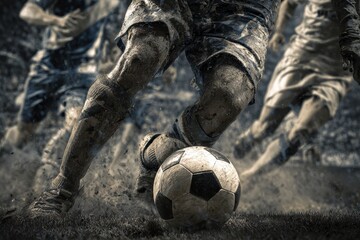 Dynamic soccer action captured during a competitive match showcasing intense players on the field amid a cloud of dust and high-energy movement
