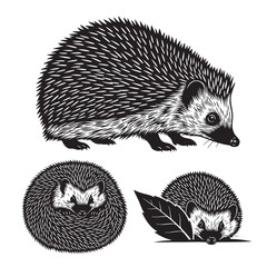 Set of 3 European Hedgehog Silhouettes as a Nocturnal Animal Set