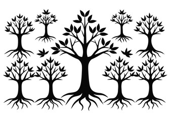 Fototapeta premium Set of ten tree silhouettes isolated on white background