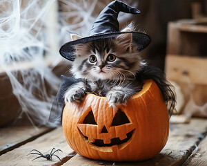 A fluffy grey kitten in a witch costume, a mini black hat and a tulle cape sits inside a carved pumpkin standing on a rustic wooden floor. Halloween. Autumn holiday. Carnival